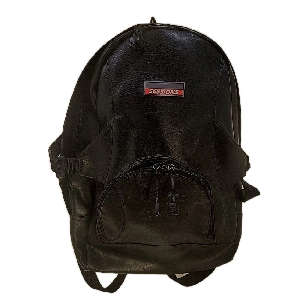 Sessions Y2K Black Faux Leather Backpack School Grunge‎ Goth Emo Daypack skater
